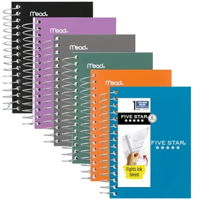 Imagen de Five Star cuadernos en espiral, paquete de 6, bolsillo Fat Lil&#039;, papel rayado universitario, 3 1/2 x 5 pulgadas, pequeño, 200 hojas, morado, naranja, verde, azul, gris, negro (38027)