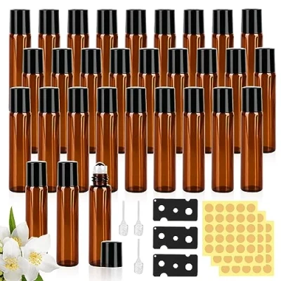 Imagen de Roll On Aceites Esenciales, 30 Piezas 10ml Marrón Botellas Cristal, Rellenable Botella De Aceite Esencial Con Bola, Rodillos Rodillo Vacía