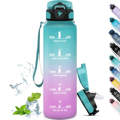 Imagen de Grsta Botella Agua, Agua Gimnasio con Pajita, 1 Litro, Fácil de Limpiar, Deporte, Marca Tiempo, Cantimplora para Senderismo, Bicicleta, Yoga, Correr
