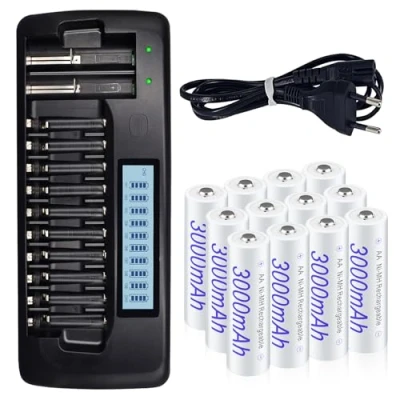 Imagen de Palogreen Pilas Recargables AA con Cargador,12 Pack NiMH 1.2V 3000mAh Cargador LCD de 12 bahías para AAA función Descarga
