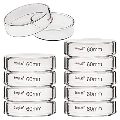Imagen de stonylab Placa de Petri Vidrio (10 Unidades), 60X15 mm Placas Cultivo Celular Borosilicato Esterilizables en Autoclave con Tapa Transparente para Laboratorio