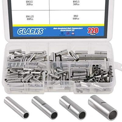 Imagen de Glarks kit surtido de 220 conectores a tope no aislados, calibre 22 16/16 14/14 12/12 10 AWG, sin costuras, aislamiento, terminales crimpado cable virola para empalme eléctrico DIY