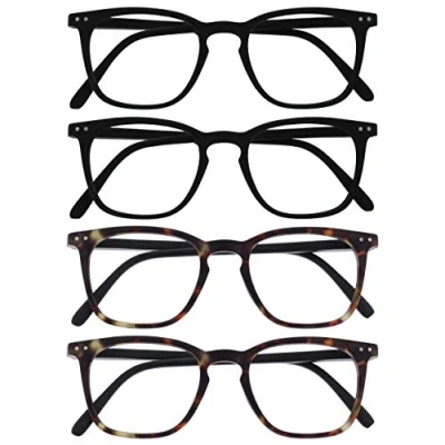 Imagen de OPULIZE Bex Gafas de Lectura Pack 4 Montura Diseño Cuadrada Grande Negro Marrón Carey Mate Lentes Resistentes a Arañazos Bisagras Muelle Unisex Hombre RRRR64 1122 +2.00