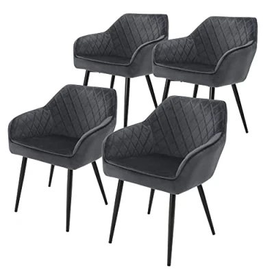 Imagen de ML Design Set 4X Sillas de Comedor Antracita Estilo Moderno Asiento Tapizado Aspecto Terciopelo Patas Metal Negras con Respaldo y Apoyabrazos Sillón Ergonómico para Salón Oficina Dormitorio Cocina