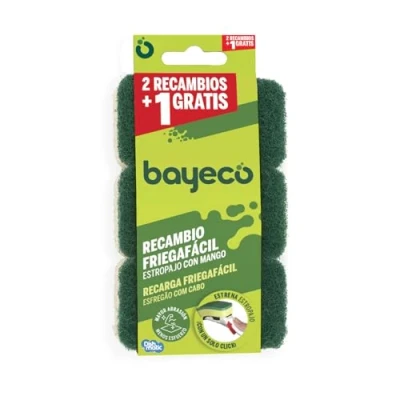 Imagen de Bayeco Recambio de Estropajo con Mango, Resistencia y Larga duración Sistema fácil colocación Click &amp; Limpio Color Verde Pack 3 Unidades