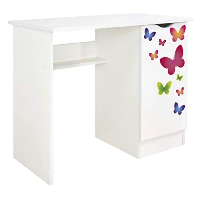 Imagen de leomark Escritorio de Oficina con el Compartimiento Roma/Dim: 90/50/77 (Alto) cm/Mesa Ordenador para Niños, Blanco/Mariposas, Mesa Madera Trabajo o Estudio