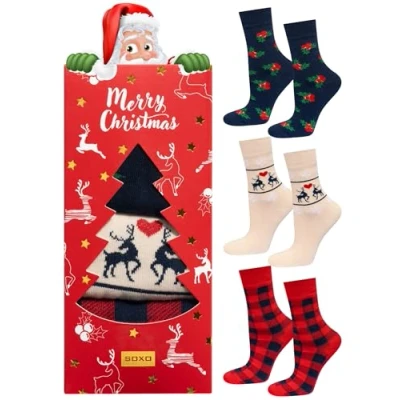 Imagen de soxo Navidad Calcetines Mujer Regalo Algodon Colores Regalos En Una Caja Originales Divertidos 35 40 Rojo 3 Pares