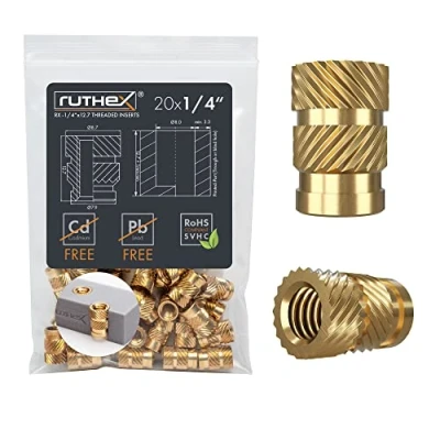Imagen de ruthex Inserto roscado 1/4&quot; 20 casquillos roscados de latón RX 1/4x12.7 tuerca inserción para piezas plástico tuercas moleteadas embutir en impresora 3D