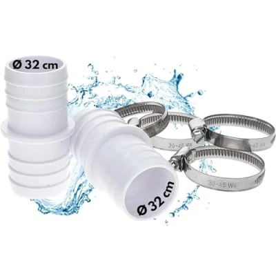 Imagen de Amapool Juego de boquillas manguera, 2 conectores manguera 32/32 mm para piscina, 4 abrazaderas acero inoxidable V2A, diámetro 30 45 mm, accesorios piscina 6 piezas