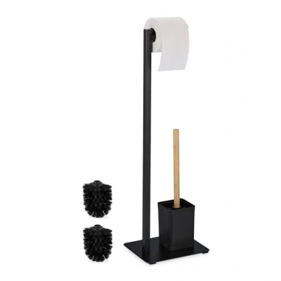 Imagen de Relaxdays Escobillero con Portarrollos, Baño y WC, Bambú Acero Inoxidable, Escobilla Recipiente, Negro/Natural
