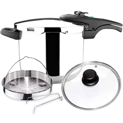 Imagen de MAGEFESA ® Athenas Complet Olla a presión super rápida de 7.5 litros, pack exclusivo cestillo + tapa cristal, acero inoxidable, apta para cocinas inducción, 5 sistemas seguridad, express