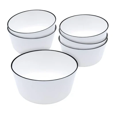 Imagen de Juego de 6 cuencos melamina para cereales, color blanco con borde negro, 700 ml, ensaladera plástico camping y pícnic, vajilla 4 personas, accesorios camping, aptos