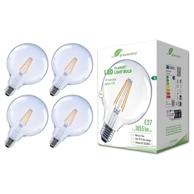 Imagen de greenandco 4x bombilla de filamento LED transparente E27 G125 5W 1055lm sustituye A 75W 2700K blanco cálido 320 230V sin parpadeo clase energética no regulable