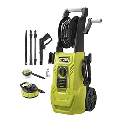 Imagen de RYOBI Hidrolimpiadora de Alta Presión 2000W, 150 Bares, 450l/h Manguera 8m, Carrete, 2 Lanzas (1Vario, 1Turbo), Depósito Detergente 0,9l, Limpiador Suelos 25cm, Cepillo Multisuperficie RY150PWA