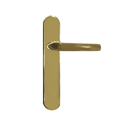 Imagen de MICEL 05855 Juego de manilla para puerta con placa ángulo curvo y maneta acero inoxidable, Color dorado PVD, 225 x 138 66 mm