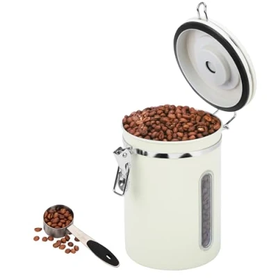Imagen de BELLE VOUS Bote Hermetico para Cafe 1,8 l Tarro Blanco de Almacenaje Cocina con Indicador Fecha Dosificador y Válvula CO2 Botes Vintage Café en Grano o Molido