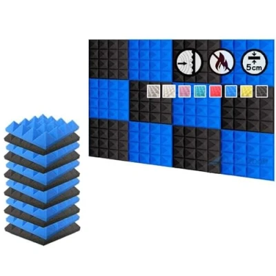 Imagen de Arrowzoom 12 Piezas Panels Acustico Absorcion Sonido Piramide 25x25x5cm Espuma Acustica Aislamiento de Grabacion Casas Estudios Azulejos Incombustibles Insonorizados AZ1034 AZUL &amp; NEGRO