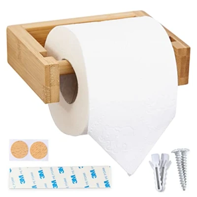 Imagen de HENNEZ Porta Papel Higiénico Rollos de Portarrollos Madera Original Bambú Dispensador Adhesivo Soporte Rollo