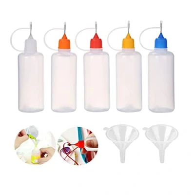Imagen de 5 botellas de pegamento vacías 120 ml con 2 mini embudos, aplicadoras plástico tapas punta aguja para pegamento, líquido, aceite, manualidades, pintura acrílica (multicolor)