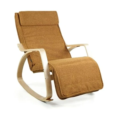 Imagen de Brigros WeHome Silla Mecedora Swing Amor con reposabrazos de Madera, reposapiés Ajustable, sillón salón, Dormitorio (Bouclé, Ocre)
