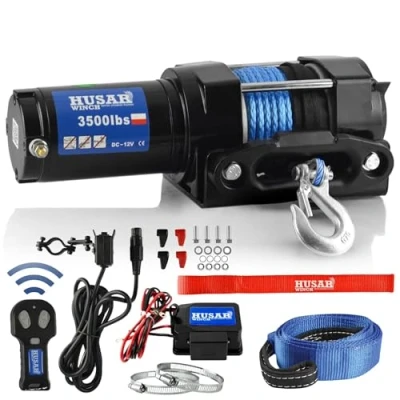 Imagen de Husar Winch Cabrestante Eléctrico De 12V 3500 lbs 1587 kg Cuerda Sintética 12 Metros Largo Muy Resistente,Control Inalámbrico,Freno Automático,Kit Montaje Ideal para ATV/UTV+CORREA GRATIS