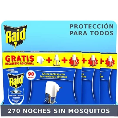 Imagen de Raid ® Eléctrico Líquido Pack 270 noches Enchufe anti mosquitos comunes y tigre con 3 aplicadores 6 recambios de 45 noches, Sin Olor