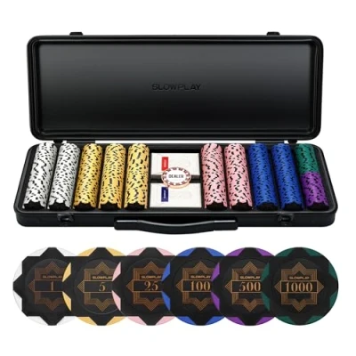 Imagen de SLOWPLAY Nash Set Maletin de Poker, 500 Fichas Poker Numeradas, Chips Arcilla 14 Gramos, Profesional pokerset con botón repartidor y Cartas plastico