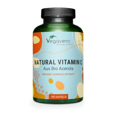 Imagen de BIO Vitamina C Natural Vegavero® 180 mg Cápsulas Sin Aditivos Artificiales de Extracto Acerola Orgánica Brasil Sistema Inmunitario Testado en Laboratorio Apto para Veganos