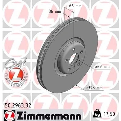 Imagen de ZIMMERMANN 150.2963.32 disco de freno 395 36 6/5 5 112 ventilación interna, dos piezas revestido altamente carbonizado BMW: 7, X5