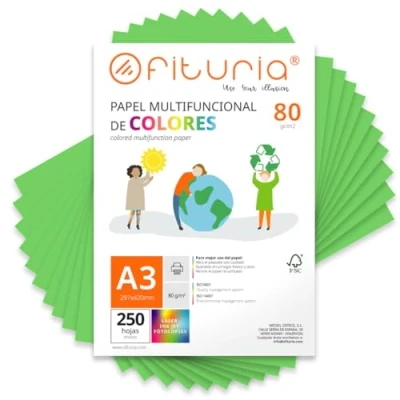 Imagen de Folios de Colores, Pack 250 Hojas A3 80gr Papel Colores para Manualidades, Impresora, Scrapbooking Ideal Origami, Papiroflexia, Oficina y Escuela (Verde, 250h)
