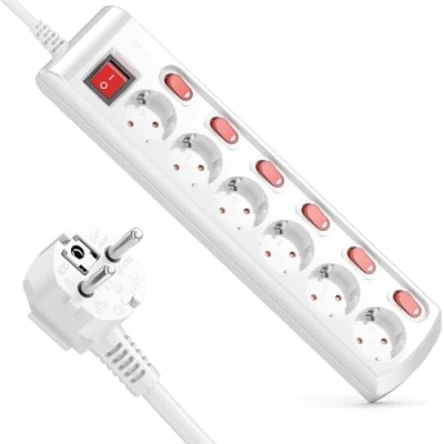Imagen de deleyCON Regleta de 6 Tomas Conmutable Individualmente Cable 1,4m (6x Interruptor Encendido/Apagado y 1x Principal) Alimentación Enchufes Base Enchufe Múltiple Blanco