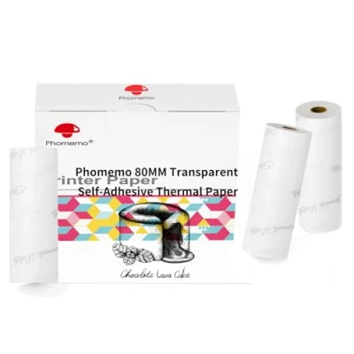 Imagen de Phomemo 80mm papel de Impresora transparente compatible con M03/M03AS/M04S/M04AS Mini bolsillo, 3 rollos adhesivo térmico autoadhesivo, 80 mm x 3,5 m,