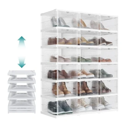 Imagen de SONGMICS Cajas para Zapatos, Juego de 12 Organizadores Apilables 2 Zapatero Plegable y Portátil, hasta talla 46, Montaje en 60s, Transparente Blanco Nube LSP206W01