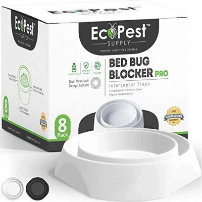 Imagen de ECOPEST Interceptores de Chinches Paquete 8 Bed Bug Blocker (Pro) Trampas Interceptoras (Blanco) Trampa Insectos, Monitor y Detector para Las Patas la Cama
