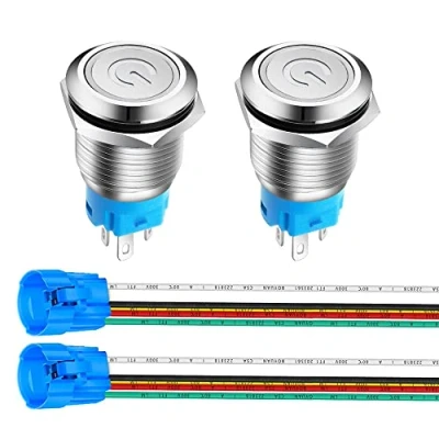 Imagen de Gebildet 2Piezas 16mm 3V 5V 6V 7.5V 9V/3A Enclavamiento Pulsador de Botón Interruptores Acero Inoxidable, Impermeable ON/Off LED 1NO1NC SPDT con Enchufe Cable(LED Blanco)