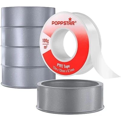 Imagen de POPPSTAR cinta de teflon 100g/m² fontanero PTFE para rosca gruesa GRp (cinta selladora agua, gas y vapor) 12m x 12mm 0,1mm, 5 rollos