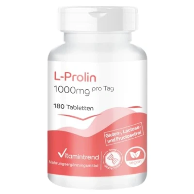 Imagen de L prolina 500mg ¡Bote para 3 MESES! altamente dosificada sin estearato de magnesio 180 comprimidos Vitamintrend®