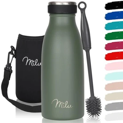 Imagen de Milu Botella de acero inoxidable, 350, 500, 750 ml, 1 l, 1,5 termo a prueba fugas, doble pared, apto para bebidas con gas, niños y adultos, incluye cepillo limpieza, verde oliva,