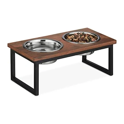 Imagen de Relaxdays Napfständer Comedero Elevado para Perro, Soporte Alto de Madera Mango, 16,5x42x21cm, 2 Cuencos Acero INOX. 1000ml, Marrón, 1000 ml