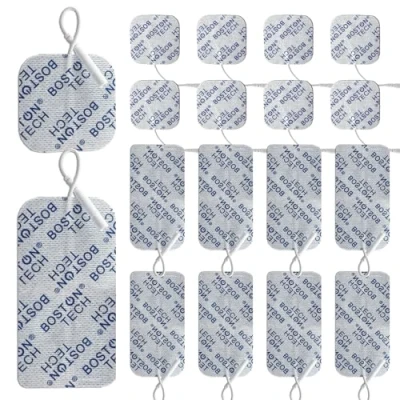 Imagen de Set de 16 Electrodos Boston Tech. Compatibles con TENS EMS Conector 2 mm Tipo Pigtail (Clavija). 8 Pads 5x5 cm y 5x10 cm. Reutilizables Óptima Adherencia. No Requiere Gel.