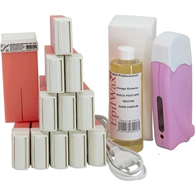 Imagen de EpilWax Solo Waxing Kit Completo con: 1 calentador de cera profesional 12 x 100 ml Pro Rose Wax Roll On, bandas depilatorias, 250 aceite para después la depilación