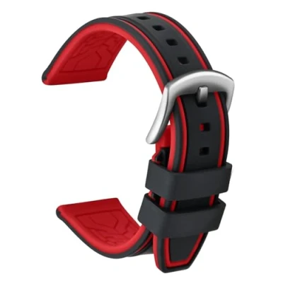 Imagen de ULLCHRO Correa Reloj Recambios Relojes Caucho Bicolor Hombre Mujer 20, 22, 24, 26mm Silicona con Hebilla de Acero Inoxidable Cepillado Plata (26mm, Negro y Rojo)