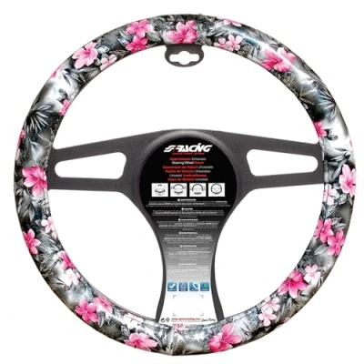 Imagen de Simoni Racing Flower CVT/36 Funda cubierta para el volante negro, rosa 37 39cm Ecopiel diseño impreso