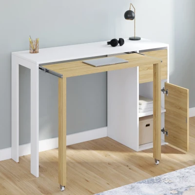 Imagen de Escritorio extensible RON con columna de almacenamiento cajones y armario blanco madera