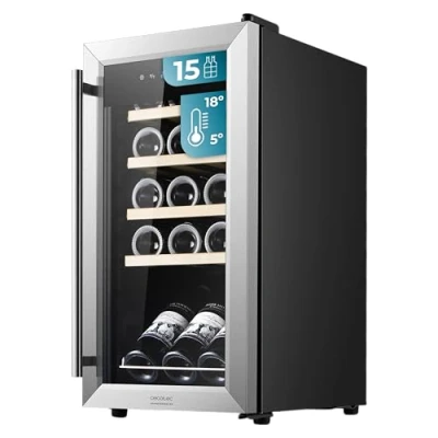 Imagen de Cecotec Vinoteca Bolero Grandsommelier 1550 Inox Compressor, 15 botellas de capacidad, Puerta y tirador inox, Alto rendimiento, Regula la temperatura tus vinos entre 5 18 ºC, Control táctil