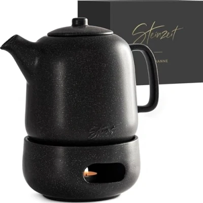 Imagen de STEINZEIT tetera de diseño con hornillo (1,3 L), filtro acero inoxidable 304, cerámica esmalte único, colador extraíble, negra