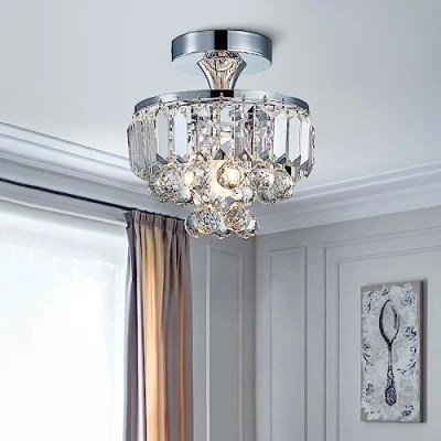 Imagen de BESTIER Modern Chrome Crystal Semi Flushmount Chandelier Lighting LED Lámpara de luz techo para comedor Cuarto baño Dormitorio Sala estar