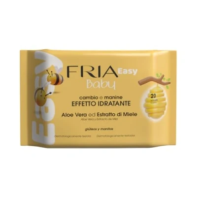Imagen de Fria Easy Toallitas para el Cambio de Pañal del Bebé, con Aloe Vera y Extracto Miel Efecto Hidratante la Piel, Dermatológicamente Testadas, Paquete 20