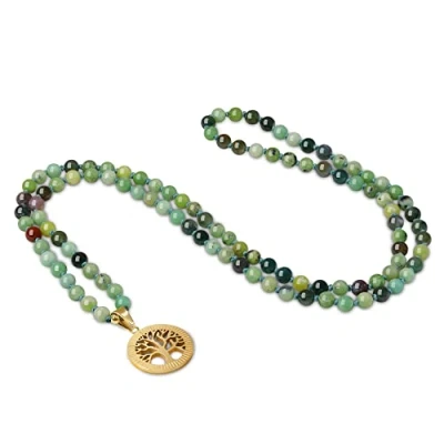 Imagen de COAI Collar Mala 108 Cuentas de Crisoprasa y Ágata India Anudadas a Mano con Colgante Árbol la Vida Acero Inoxidable