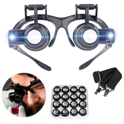 Imagen de Gafas Lupa con Luz LED, Lupas de Gran Aumento, 8 Lentes Intercambiables, 2 Lectura para Reparaciones, Modelismo, Coser,Soldadura, Joyería y Relojería (2.5X 4X 6X 8X 10X 15X 20X 25X)